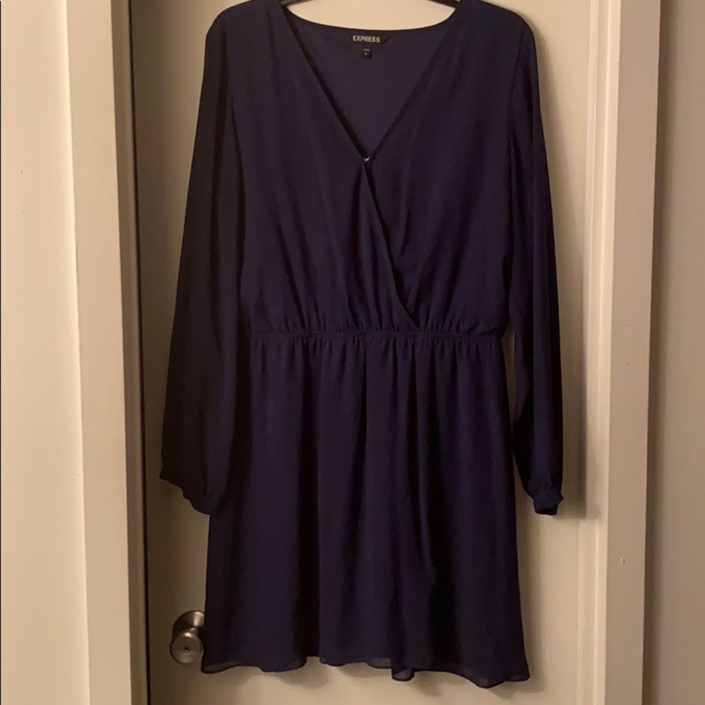 Short navy dress with sheer, long sleeves